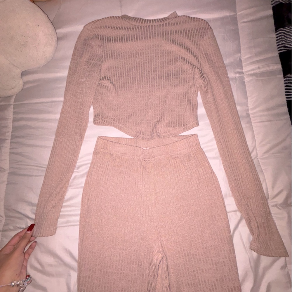 tan two piece flare leggings and crop top set